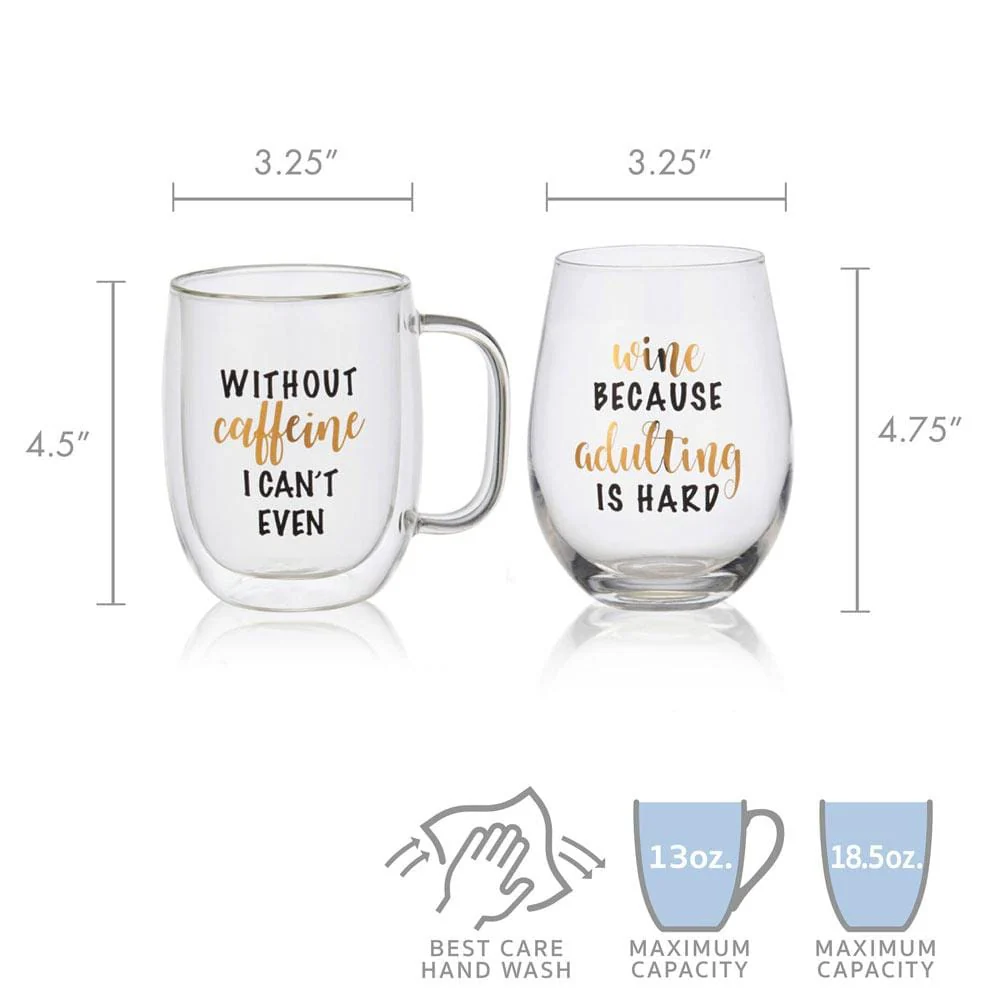 Double Wall Mug and Stemless Wine Glass Set of 2, Caffeine Wine Sentiment - Image 5