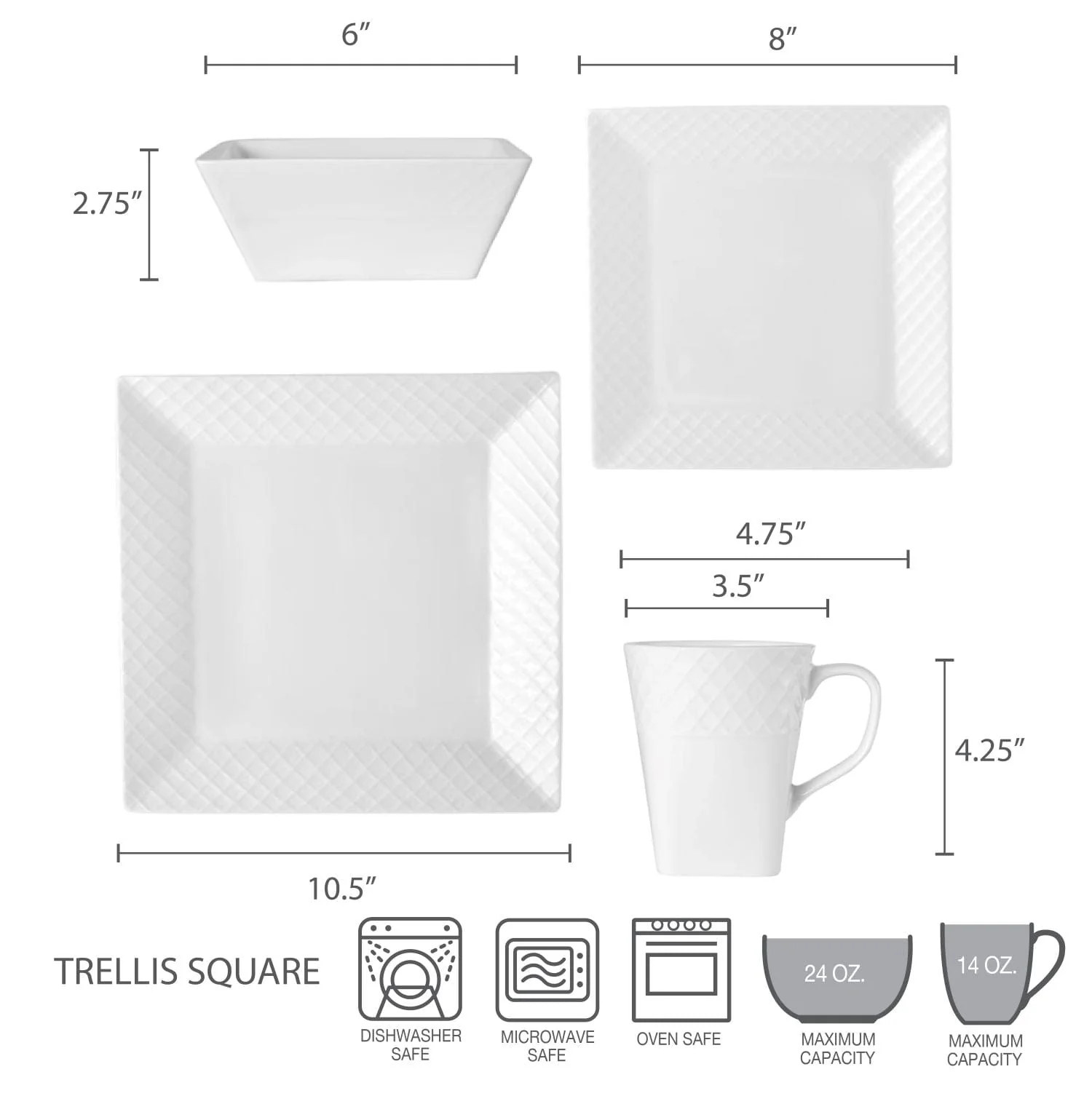 Trellis White Square 16 Piece Dinnerware Set, Service for 4 - Image 4