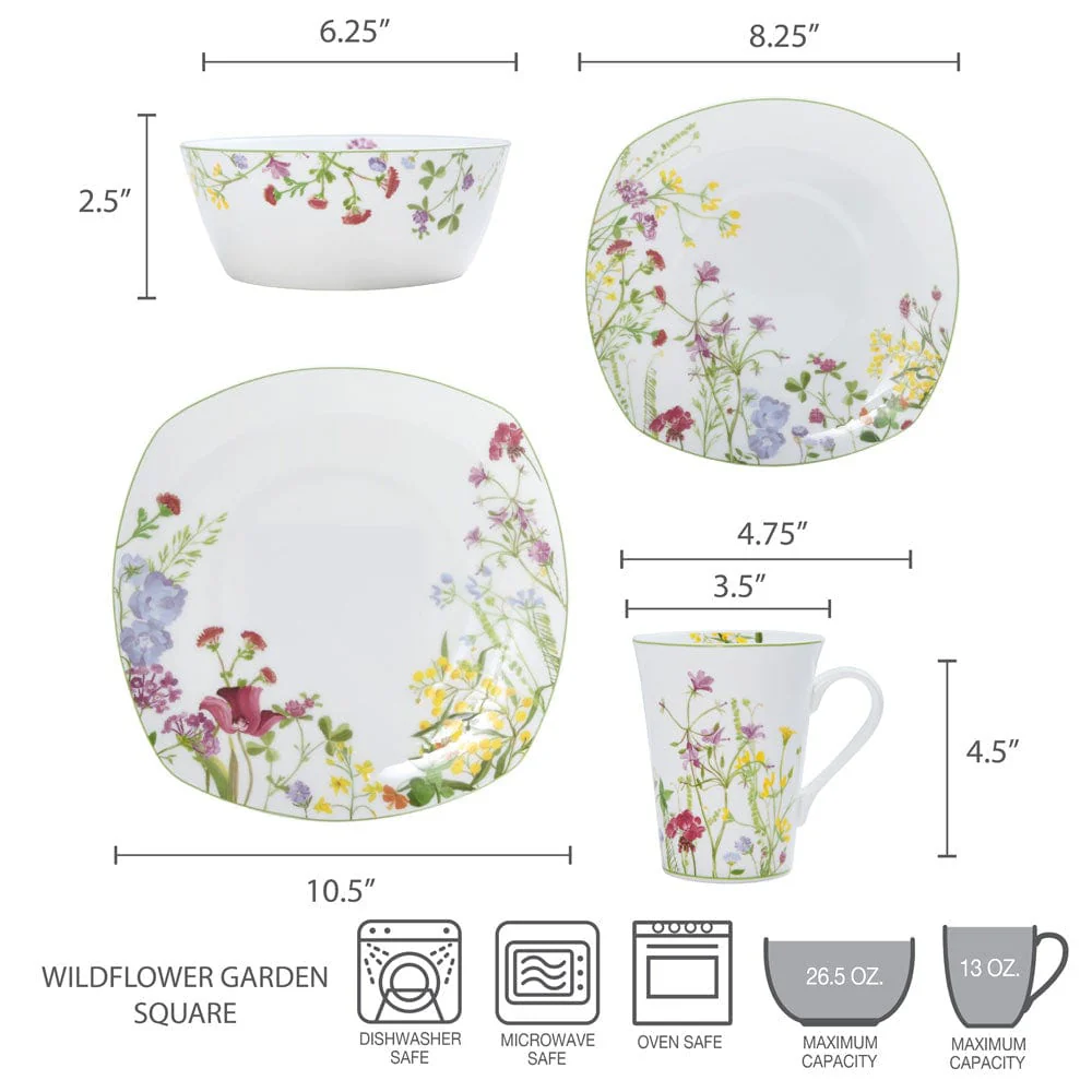 Wildflower Garden Square 16 Piece Dinnerware Set, Service for 4 - Image 4
